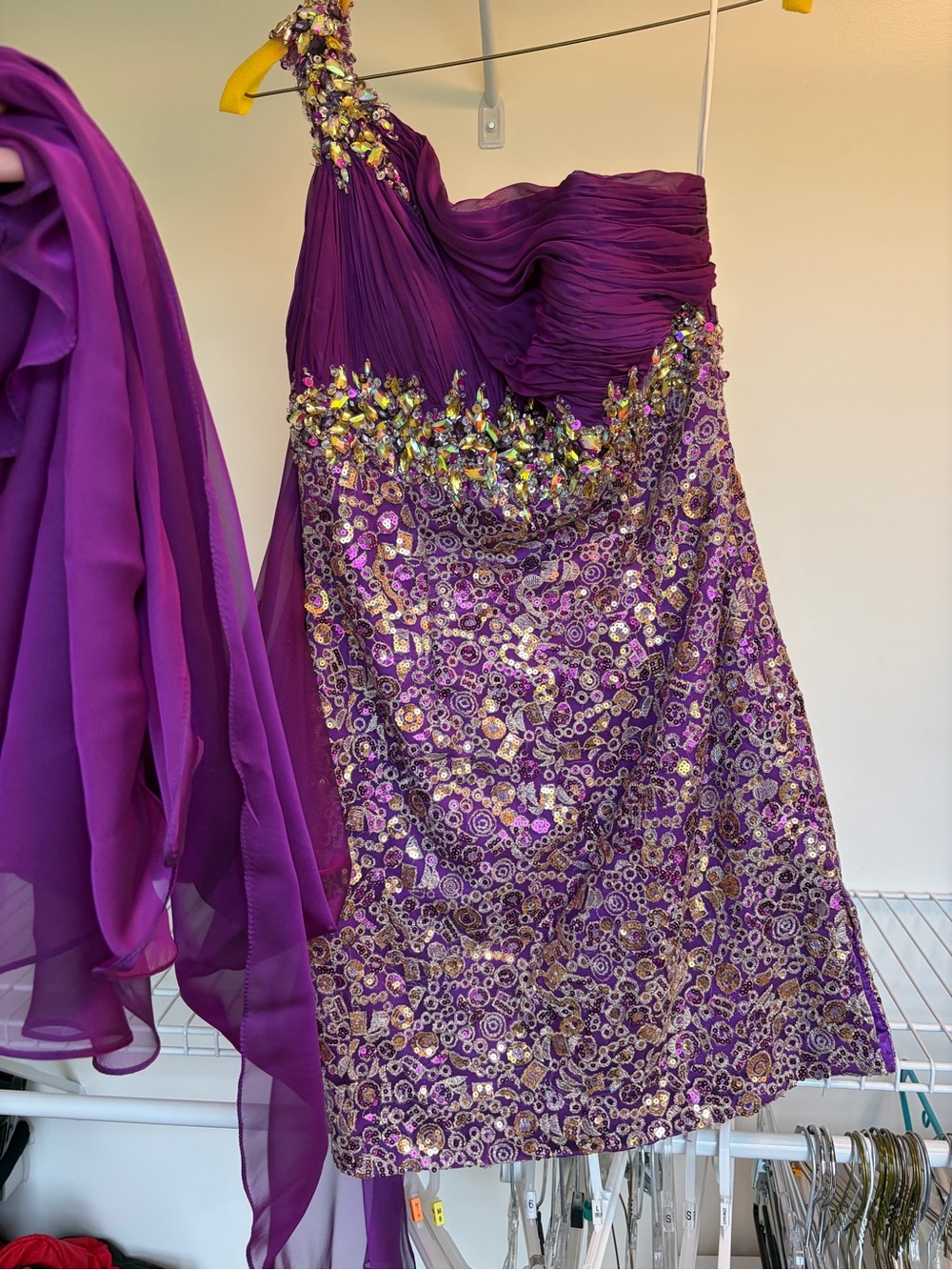 Mac Duggal One-Shoulder Purple and Gold Sequin Cocktail Dress - Picture 4 of 8